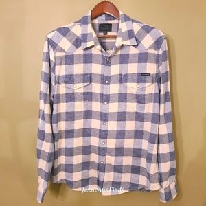 Lucky Brand Blue White Plaid Pearl Snap Flannel Shirt Men's Size Large